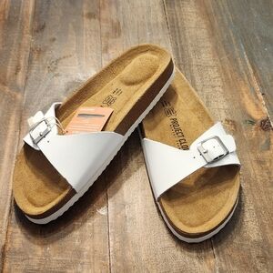 White and Tan Two-Strap Sandals with Cork Footbed